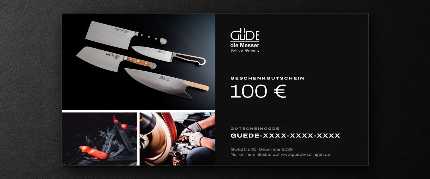 Messer Solingen, Güde Messer, Kochmesser Solingen, Messerset, wetzstahl, solinger messer Güde Geschenkgutschein auf dunklem Untergrund