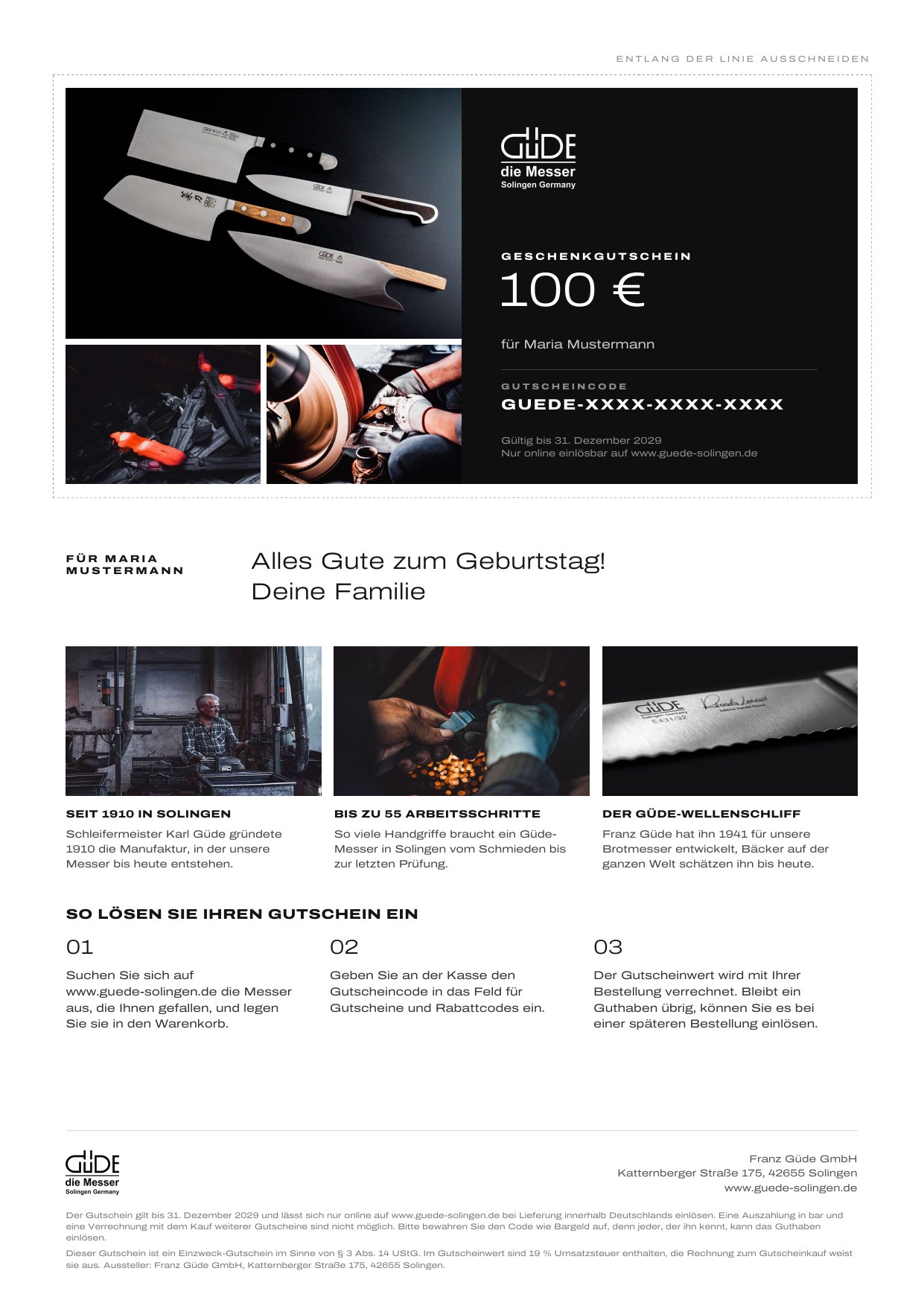 Messer Solingen, Güde Messer, Kochmesser Solingen, Messerset, wetzstahl, solinger messer So sieht der Gutschein als PDF zum Ausdrucken aus